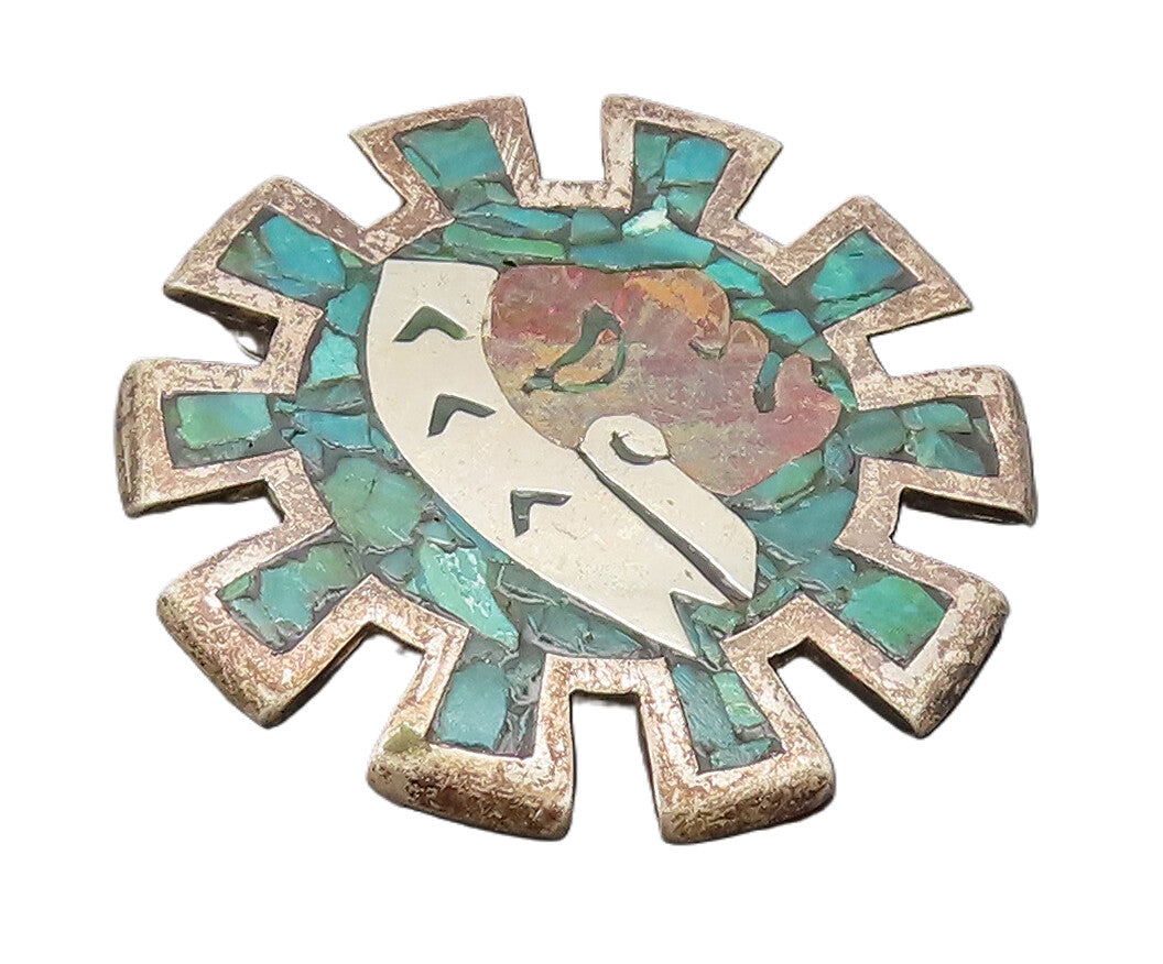 METALES MEXICO 925 Silver  Vintage Crushed Turquoise Carved Brooch Pin BP10483
