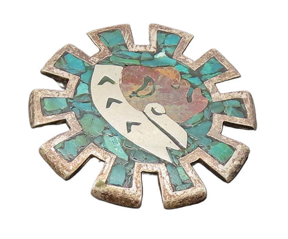 METALES MEXICO 925 Silver  Vintage Crushed Turquoise Carved Brooch Pin BP10483