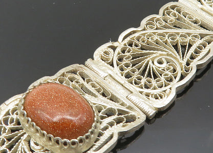 925 Sterling Silver  Vintage Goldstone Filigree Swirl Chain Bracelet  BT8296
