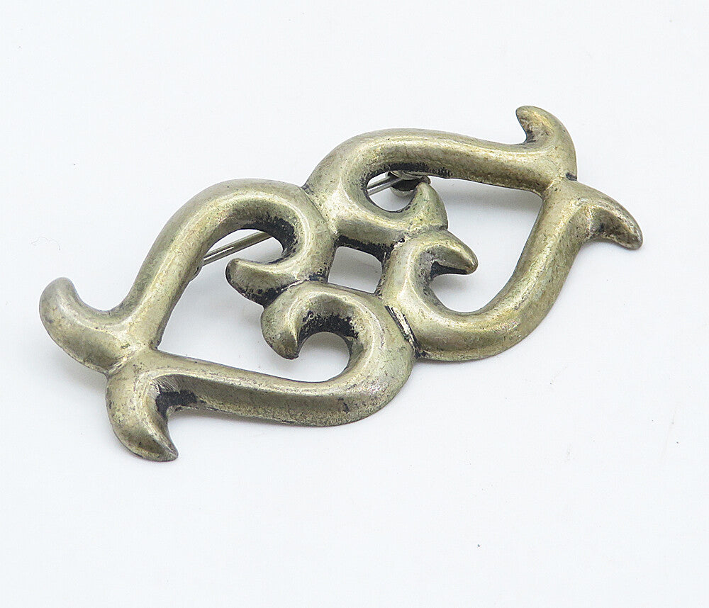 925 Sterling Silver  Vintage Dark Tone Open Swirl Hearts Brooch Pin  BP2860
