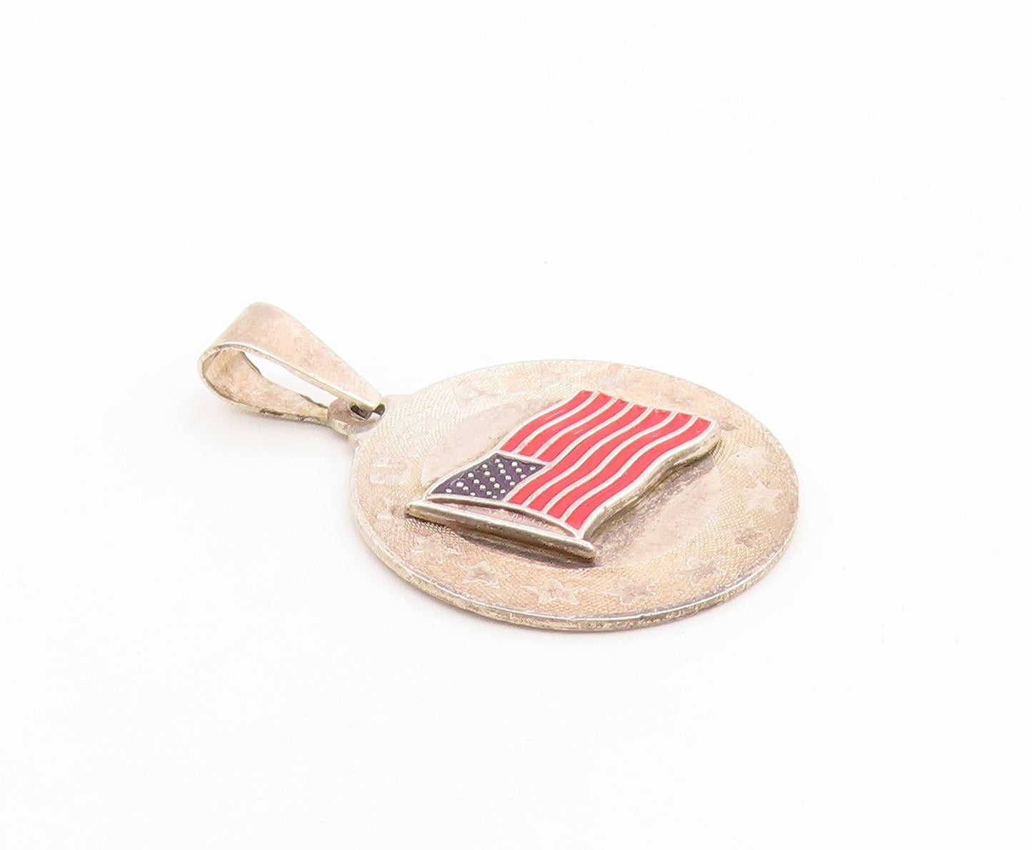 925 Sterling Silver Vintage Pendant Enameled US Flag Circle Medallion  PT26628