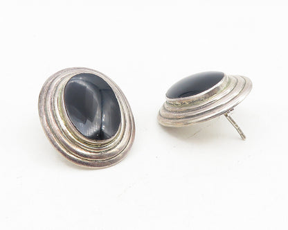 925 Sterling Silver  Vintage Inlaid Black Onyx Oval Dome Drop Earrings  EG5551