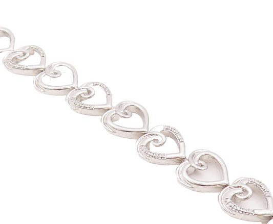 925 Sterling Silver Vintage Bracelet Cutout Real Diamonds Hearts Lined   BT10320