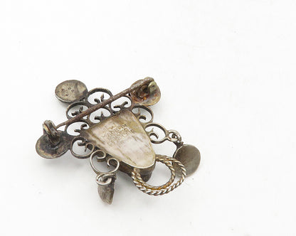 MEXICO 925 Silver  Vintage Antique Face Carved Brown Stone Brooch Pin  BP3617