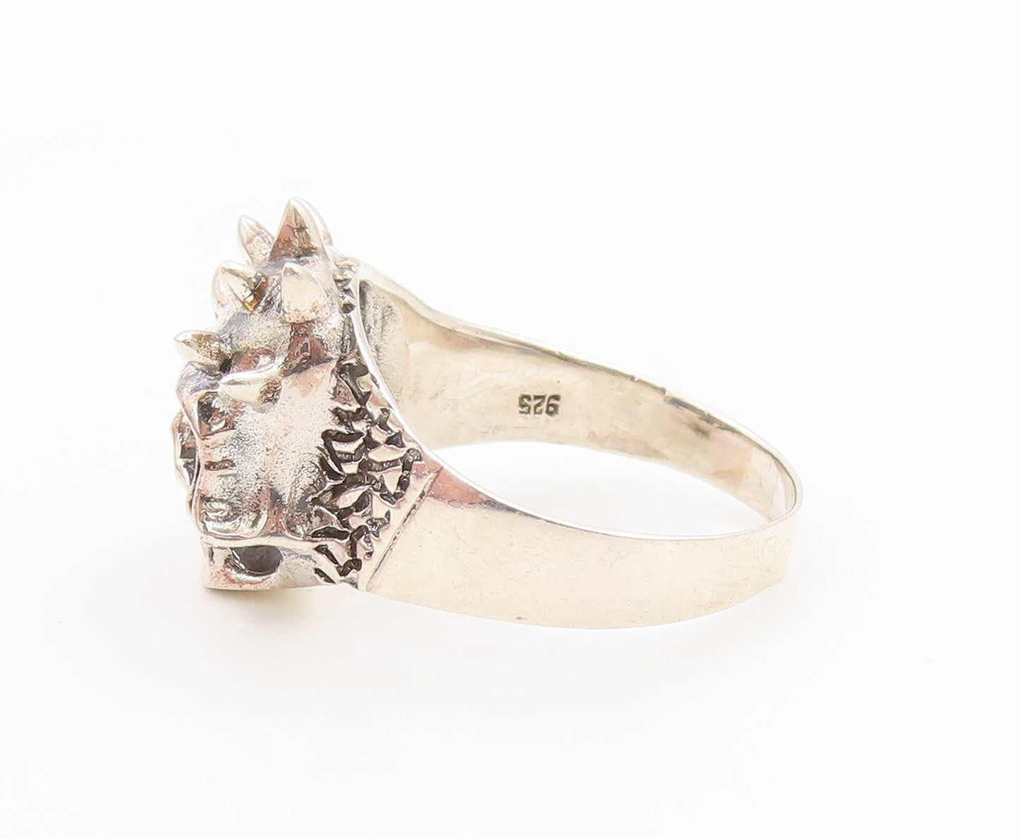 925 Sterling Silver Vintage Ring Carved Gothic Spiky Skull Band  Sz 15  RG36033