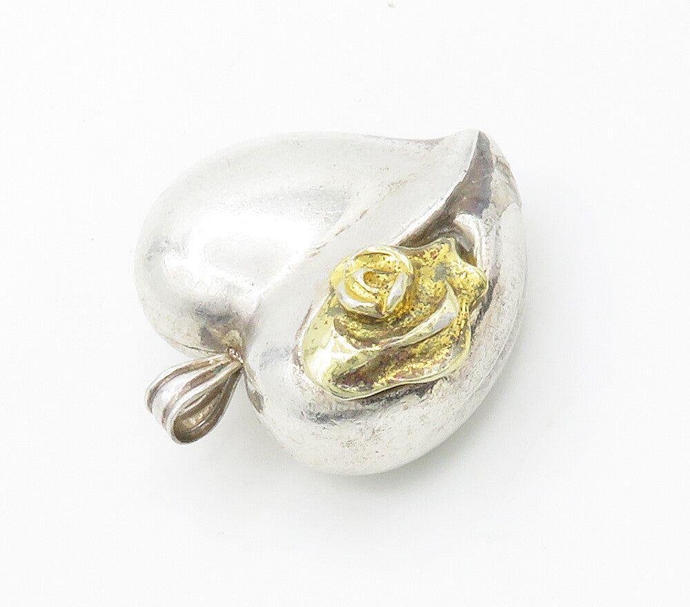 GORHAM 925 Silver  Vintage Two Tone Rose Flower Love Heart Pendant  PT11760