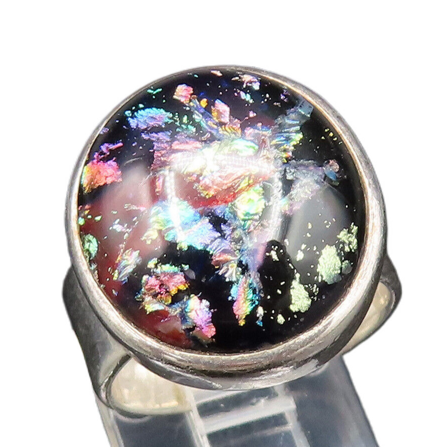 925 Sterling Silver  Vintage Unique Splash Art Glass Ring Sz 6.5  RG25554