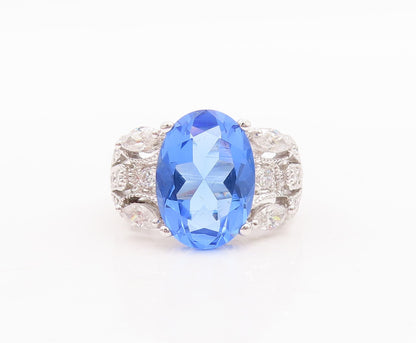 925 Sterling Silver Vintage Ring Designer Cutout Blue & White CZ  Sz 7  RG29596