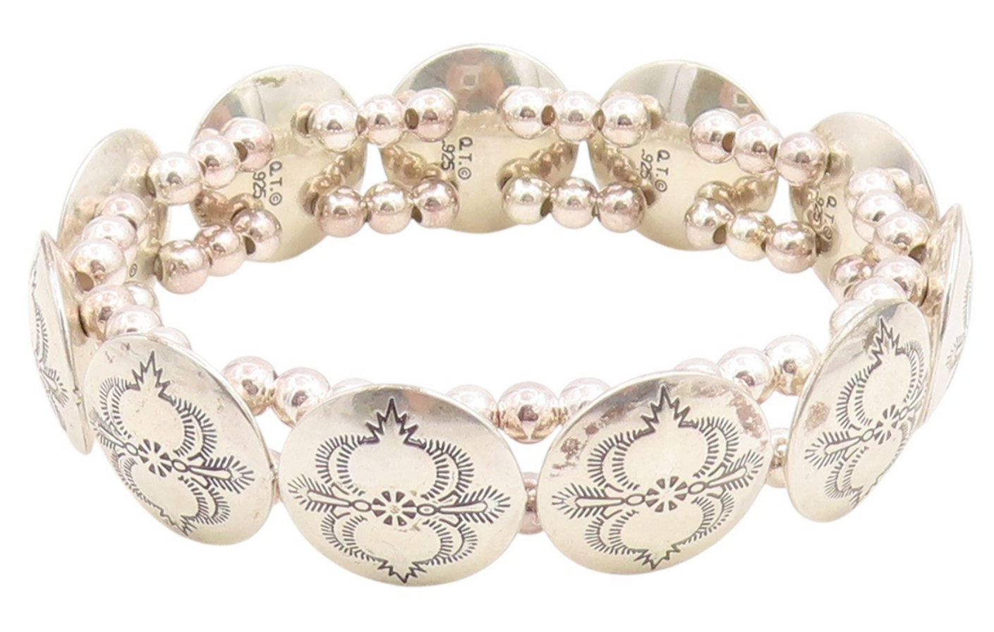 925 Sterling Silver Vintage Bracelet NAVAJO Etched Concho Panel Link  BT11864