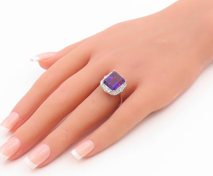 925 Sterling Silver Vintage Ring Elegant Amethyst & Halo CZ Band  Sz 8  RG35676