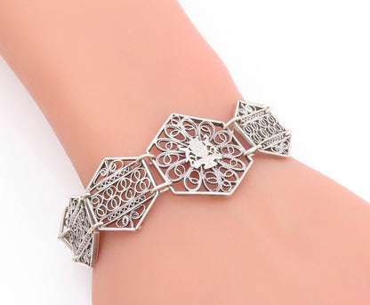925 Sterling Silver Vintage Bracelet Designer Floral Open Work Band  BT11121
