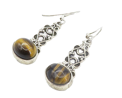 925 Sterling Silver  Vintage Cabochon Cut Tiger's Eye Dangle Earrings  EG3443