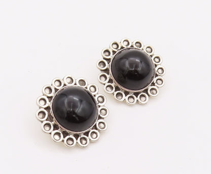 925 Sterling Silver Earrings MEXICO Cabochon Onyx Halo Carved Rings  EG12841