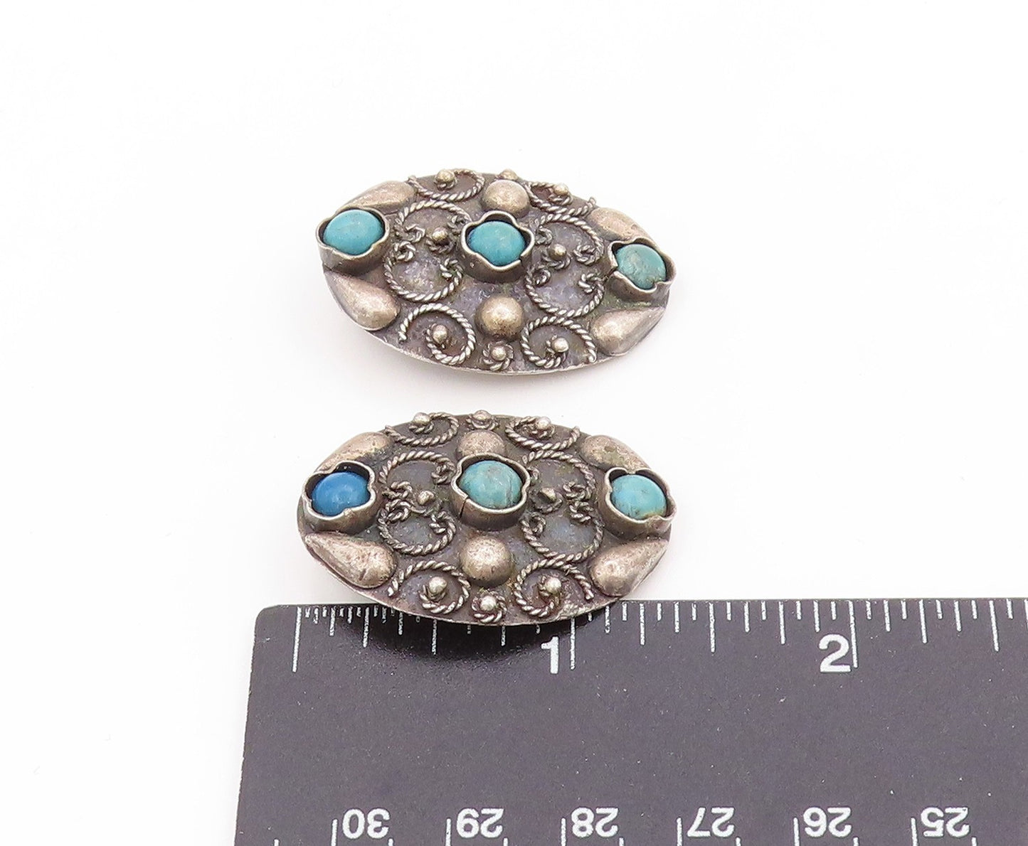 925 Sterling Silver Vintage Earrings Round Turquoise Scrollwork Clip On  EG14018