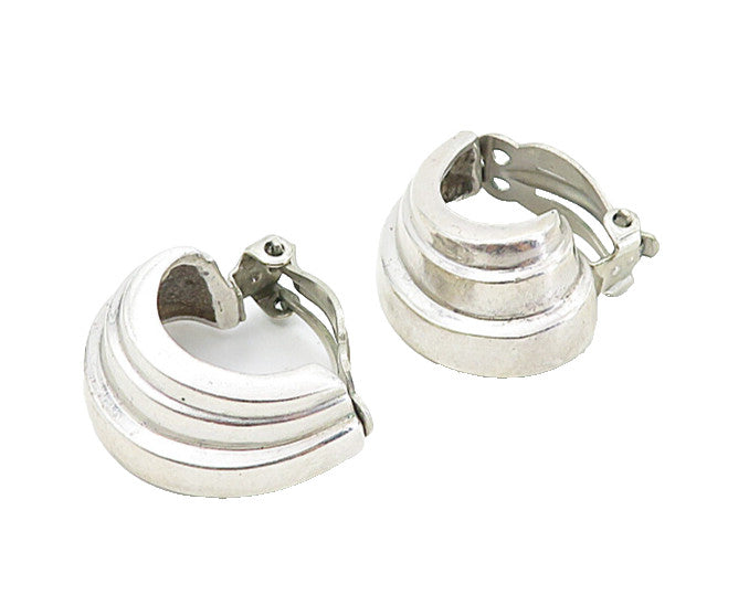 925 Sterling Silver  Vintage Shiny Fluted Curved Non Pierce Earrings  EG4214