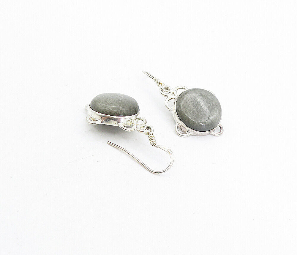 925 Sterling Silver  Vintage Grey Jasper Round Shiny Drop Earrings  EG3467