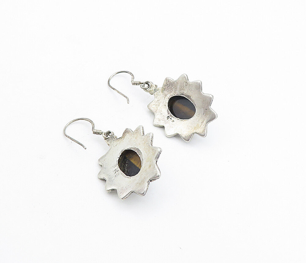 925 Sterling Silver  Vintage Cabochon Cut Tiger's Eye Dangle Earrings  EG3747