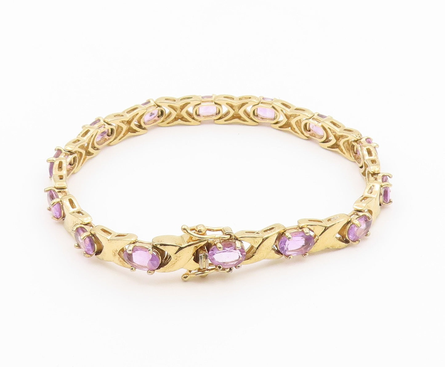 925 Sterling Silver  Amethyst Shiny Gold Plated XO Chain Bracelet  BT5822