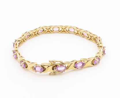 925 Sterling Silver  Amethyst Shiny Gold Plated XO Chain Bracelet  BT5822