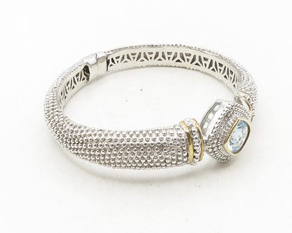 925 Sterling Silver  Blue Topaz Shiny Two Tone Spiked Bangle Bracelet  BT4270