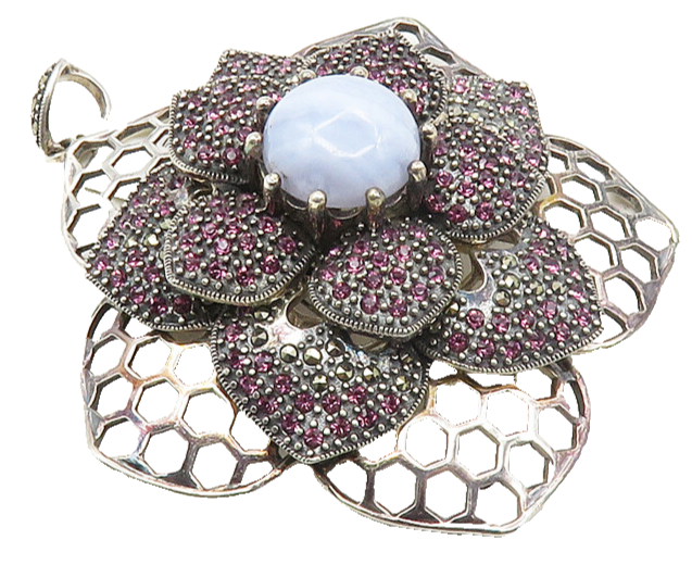 925 Sterling Silver  Vintage Blue Agate & Pink Topaz Flower Pendant  PT7833
