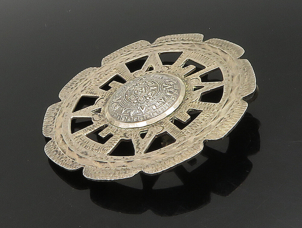 MEXICO 925 Sterling Silver  Vintage Round Aztec Tribal Brooch Pin  BP9461