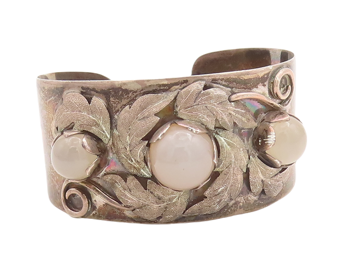 925 Sterling Silver Vintage Bracelet Cabochon Gemstone Floral Cuff  BT10701