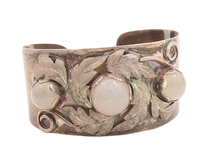 925 Sterling Silver Vintage Bracelet Cabochon Gemstone Floral Cuff  BT10701
