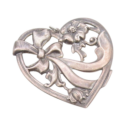 925 Sterling Silver Vintage Pendant Dark Tone Floral Love Heart Cutout  PT24025