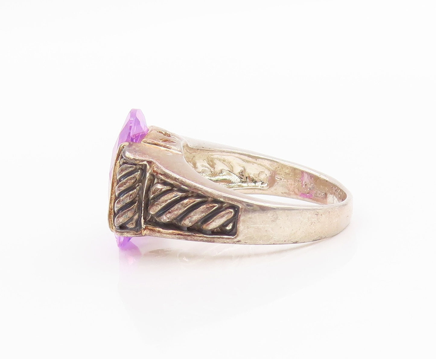 925 Sterling Silver Vintage Ring Rectangle Cut Amethyst Roped  Sz 8  RG33198