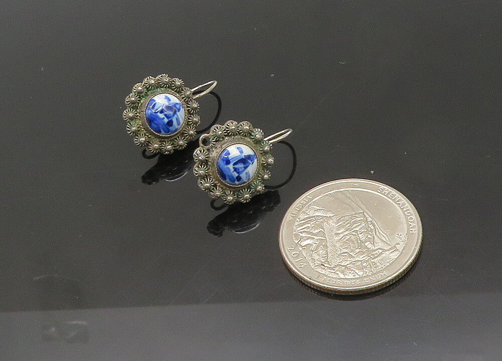 925 Sterling Silver  Vintage Enamel Windmill Scene Drop Earrings  EG10490