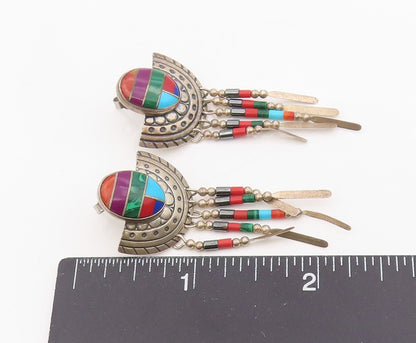 925 Sterling Silver Vintage Earrings NAVAJO Multi Gemstone Inlay Dangle  EG13816