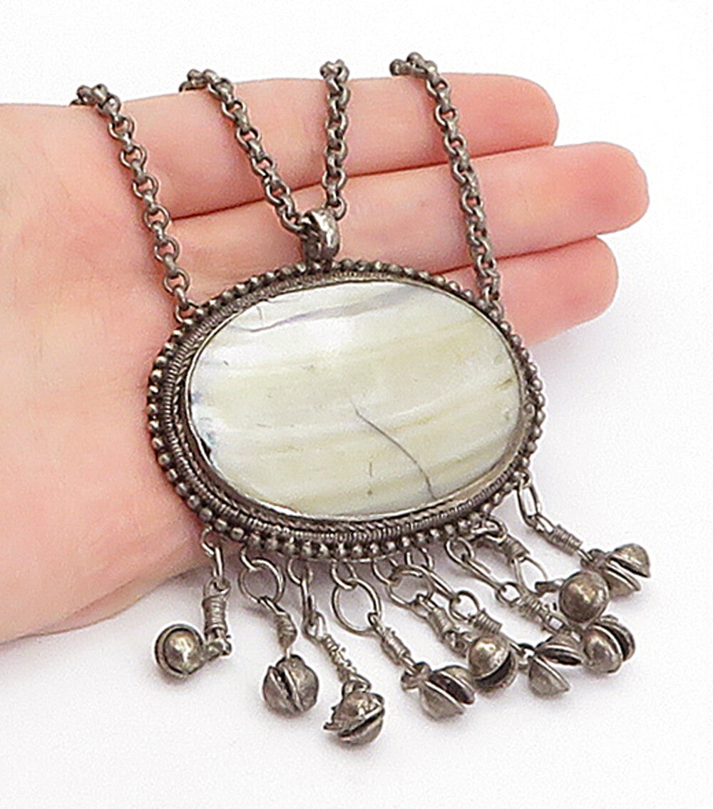 925 Sterling Silver  Vintage Antique Mother Of Pearl Chain Necklace  NE1078