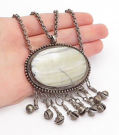 925 Sterling Silver  Vintage Antique Mother Of Pearl Chain Necklace  NE1078