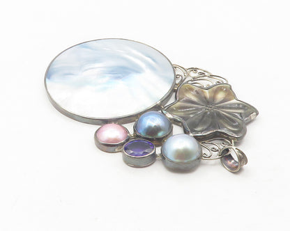 925 Sterling Silver  Vintage Mother Of Pearl & Pearls Floral Pendant  PT9476