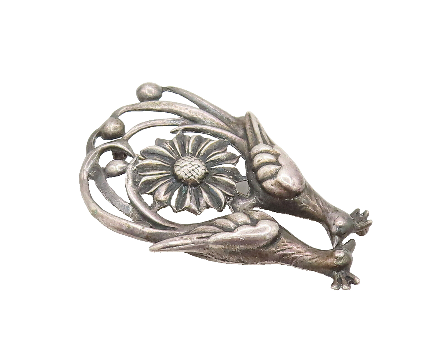 925 Silver  Vintage Antique Garden Love Birds Floral Brooch Pin  BP10163