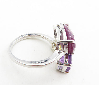 925 Sterling Silver Ruby Amethyst & Topaz Shiny Bypass Band Ring Sz 7 RG8933
