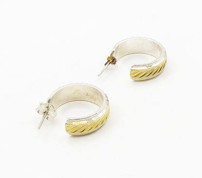 925 Sterling Silver  Shiny Two Tone Slanted Pattern JHoop Earrings  EG7954