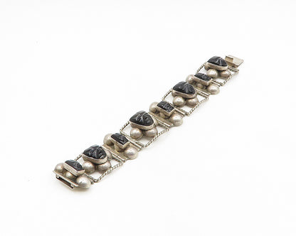 MEXICO 925 Silver  Vintage Face Carved Black Onyx Chain Bracelet  BT7556