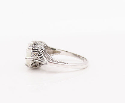 925 Sterling Silver Vintage Ring Victorian Design Carved Oval Opal  Sz 8 RG28244
