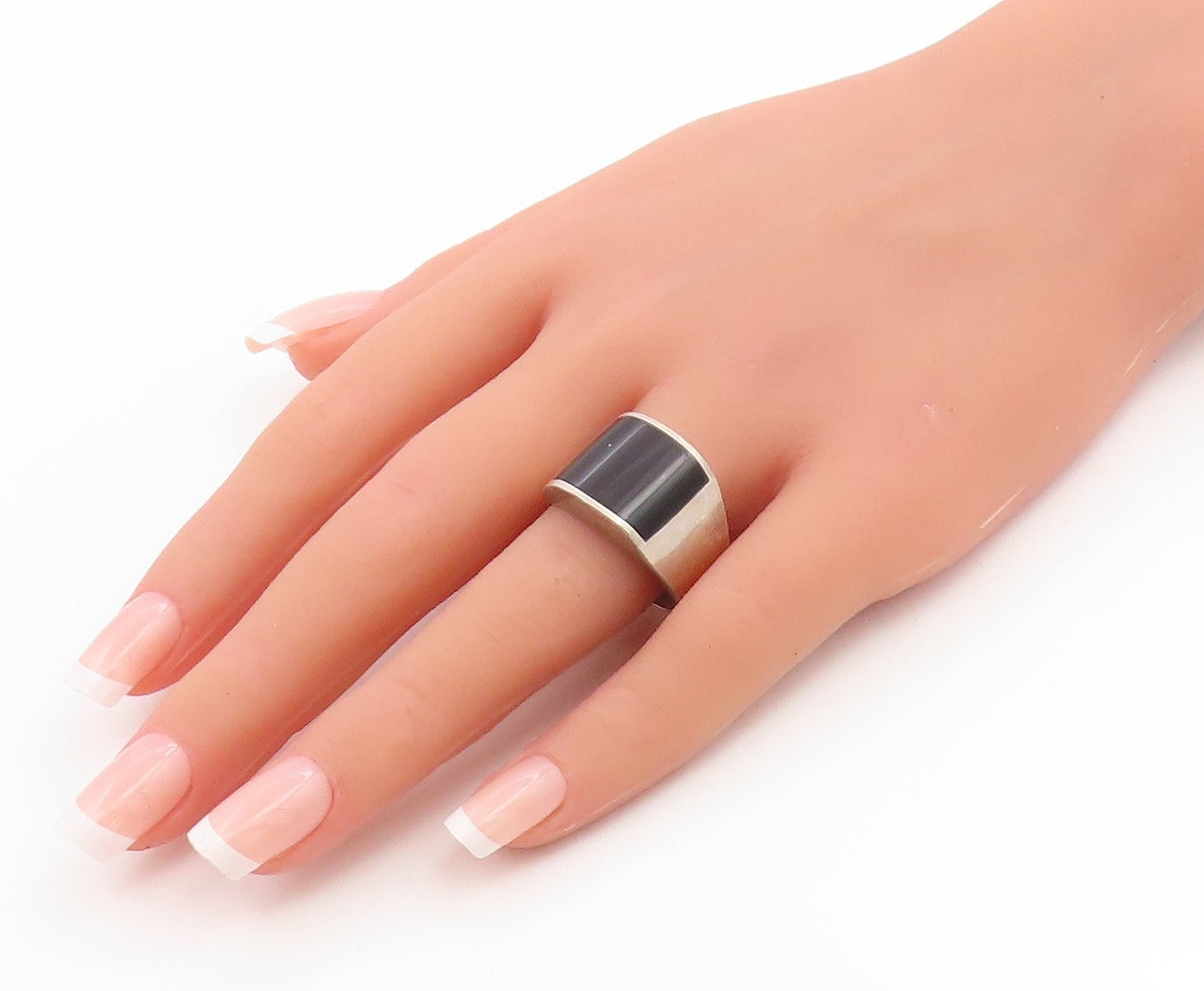 925 Sterling Silver Vintage Ring MEXICO Black Onyx Inlay Band  Sz 11.5  RG35882