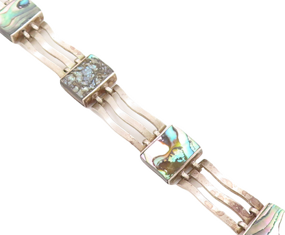 MEXICO 925 Sterling Silver Vintage Abalone Shell Square Chain Bracelet BT2006