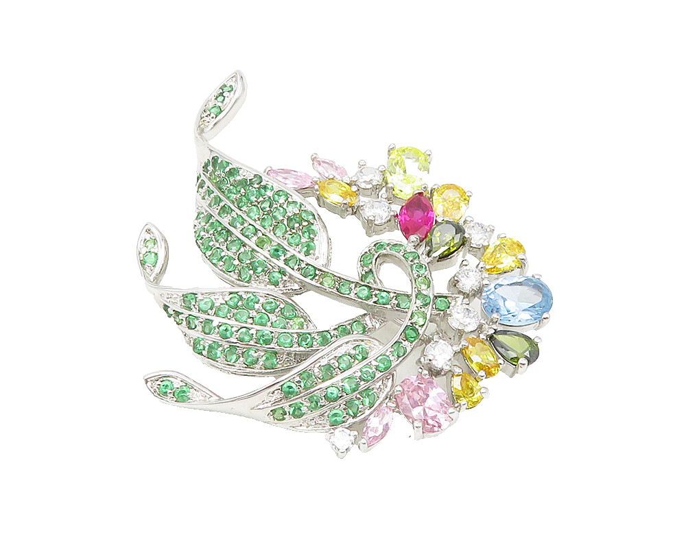 925 Sterling Silver Multi Color Cubic Zirconia Floral Motif Brooch Pin BP4265