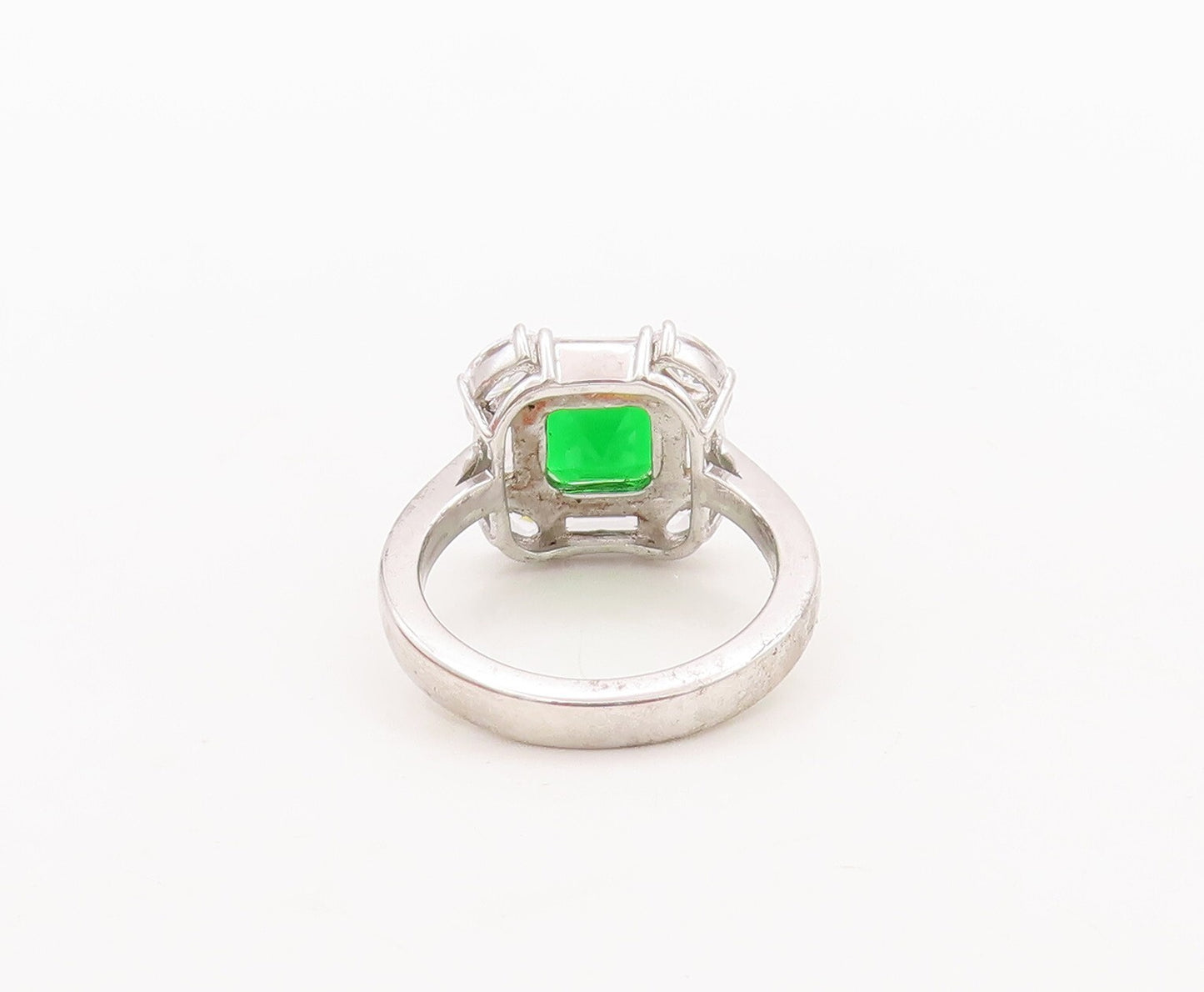 925 Sterling Silver Vintage Ring Green Square Cut Halo White Topaz  Sz 7 RG29542