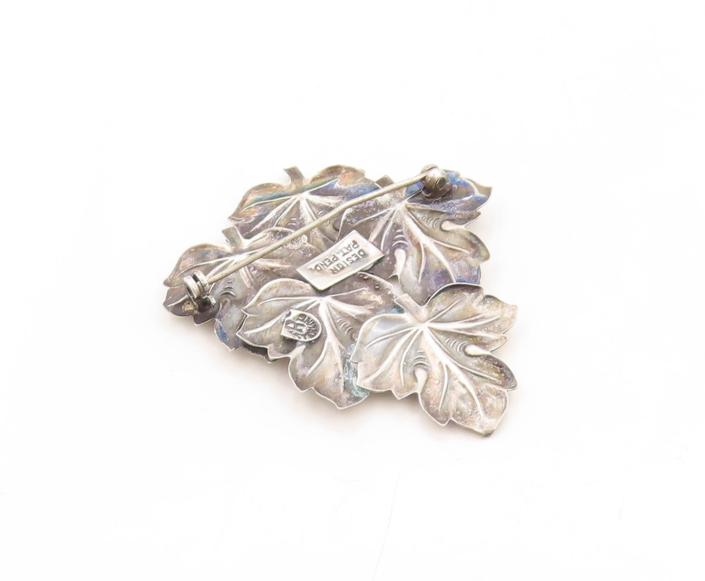 925 Sterling Silver Vintage Brooch Pin Dark Tone Carved Leaves Cluster   BP11345