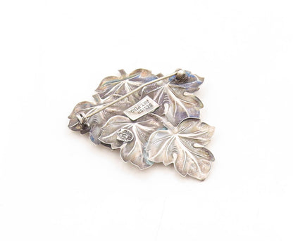 925 Sterling Silver Vintage Brooch Pin Dark Tone Carved Leaves Cluster   BP11345