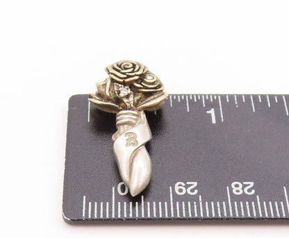 925 Sterling Silver Vintage Pendant KEEPSAKE Real Diamond Floral Roses  PT25101