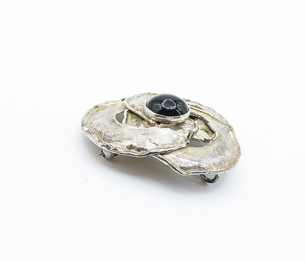 925 Sterling Silver  Vintage Modernist Black Onyx Pretzeled Brooch Pin  BP2784