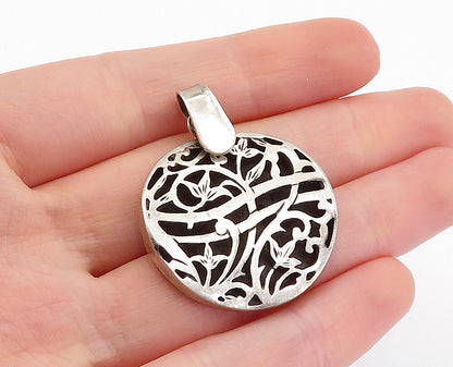 925 Sterling Silver  Vintage Floral Leaf Vine Cutout Round Pendant  PT3643