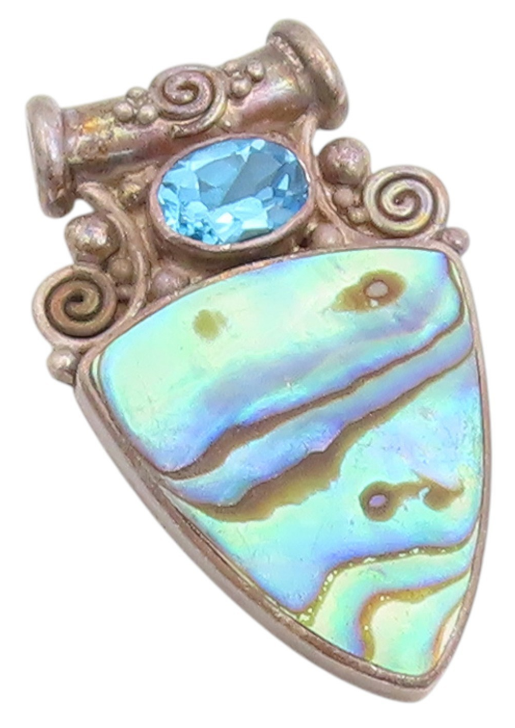 925 Sterling Silver Vintage Pendant SAJEN Abalone & Blue Topaz Swirls  PT25151